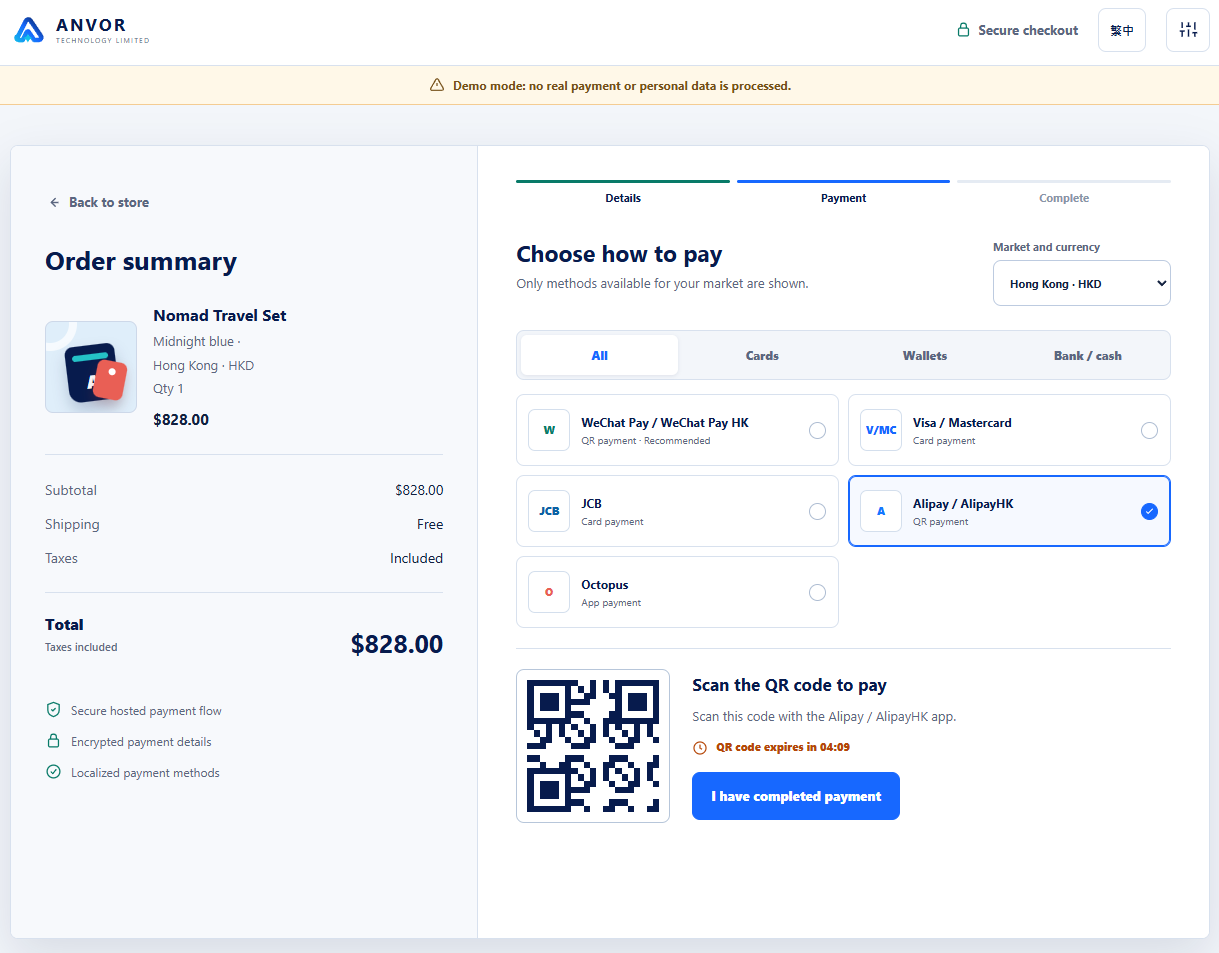 Anvor hosted checkout showing cards, wallets, and local payment methods.